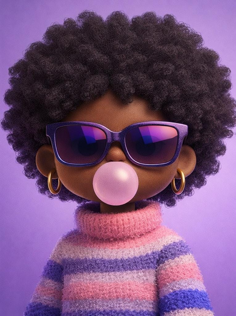 Uma personagem estilosa, de cabelo crespo, com óculos escuros e um chiclete roxo na boca